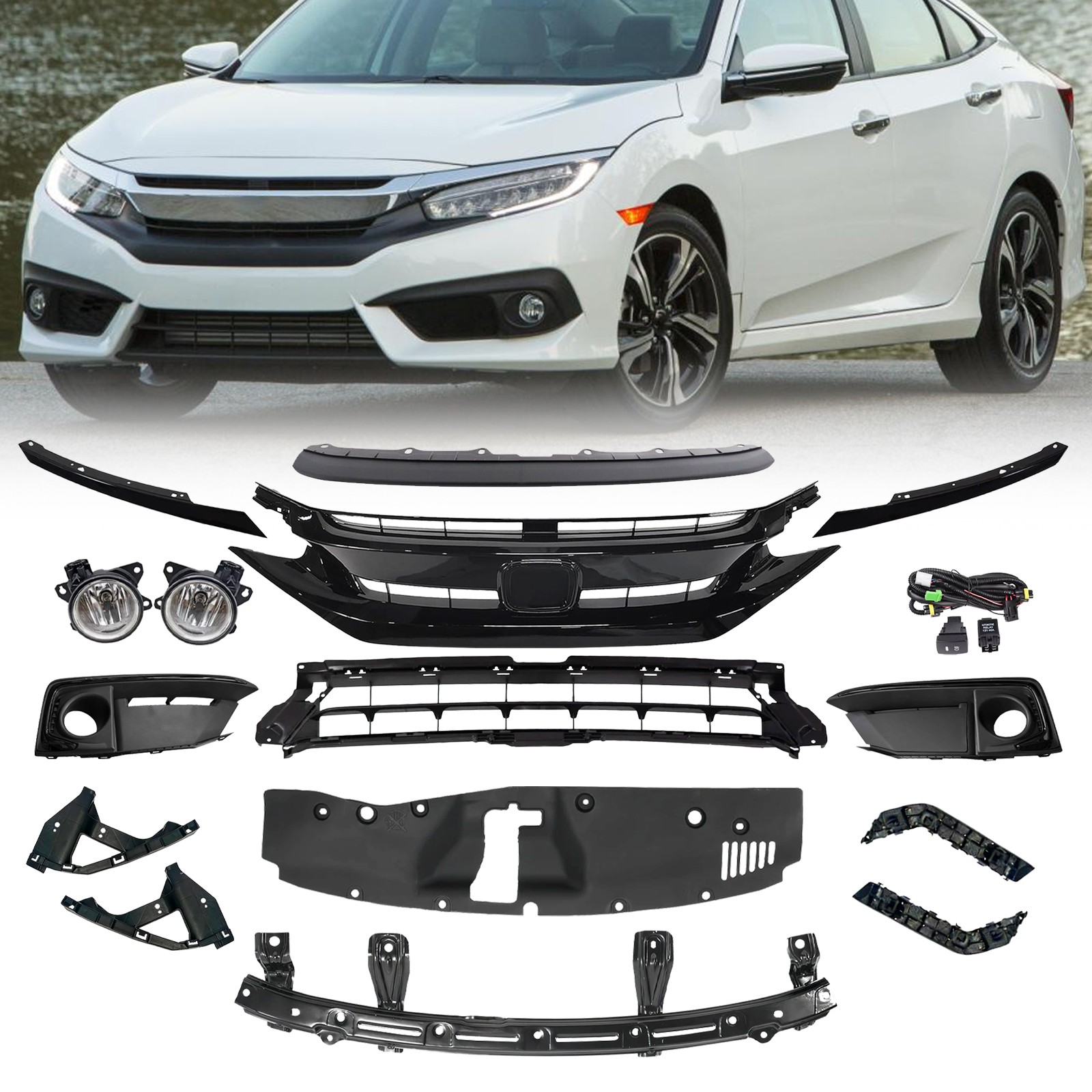 15pc Front Upper Lower Grille Grill Fog lamps Brackets For Honda CIVIC 2019-2021
