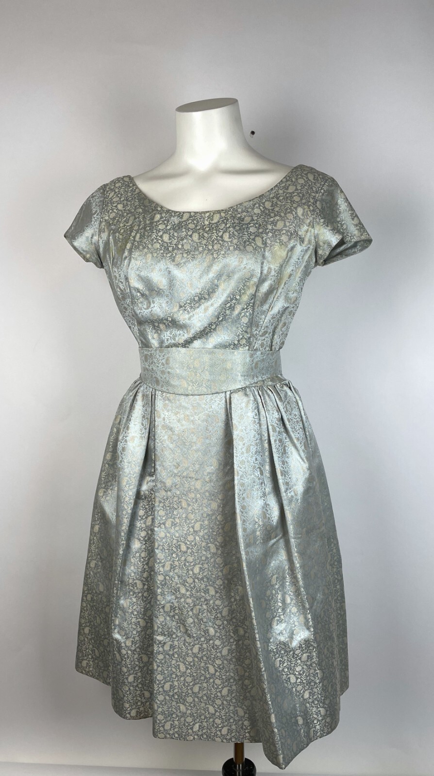 VTG 1950\'s Fit and Flare Silk Jacquard Floral Blue Silver Dress Box Pleats M 34\
