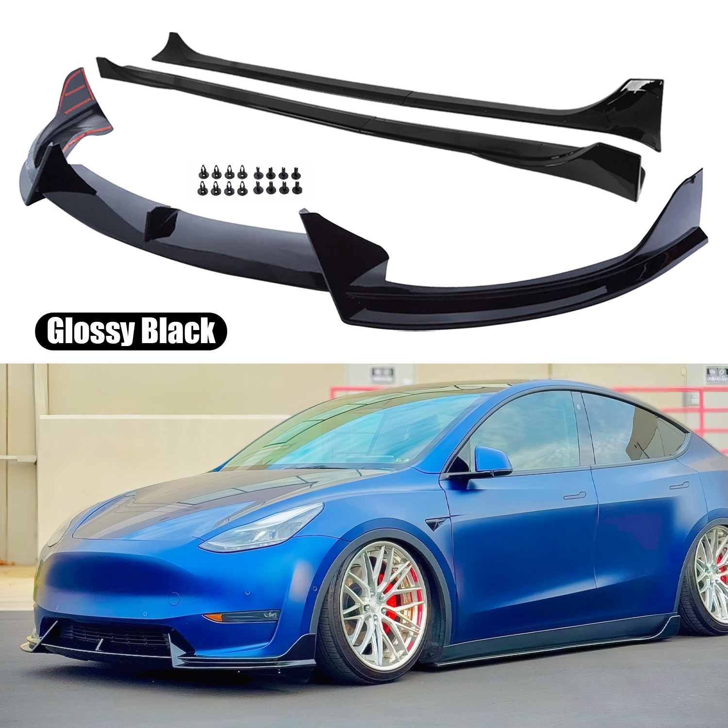For Tesla Model Y 2018-2024 Gloss Black Winglet Front Bumper Lip + Side skirt