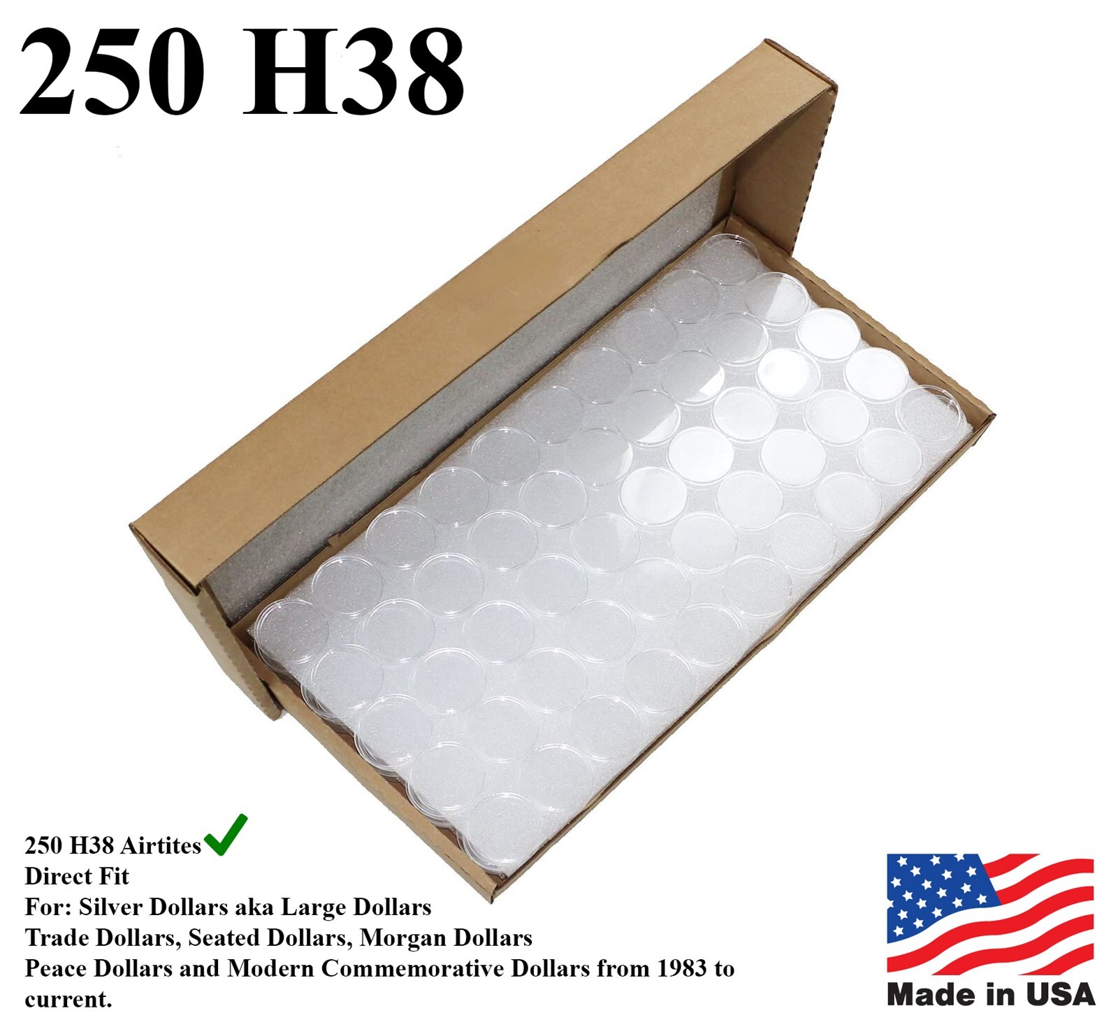 250 Round AirTite Coin Capsules Direct For Large Silver Dollar H38 Morgan Peace 250 Round AirTite Coin Capsules Direct For Large Silver Dollar H38 Morgan Peace