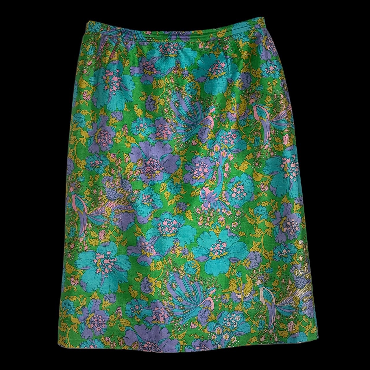 Vintage 60s floral psychedelic silk skirt / VTG 1960s homemade pencil sheath