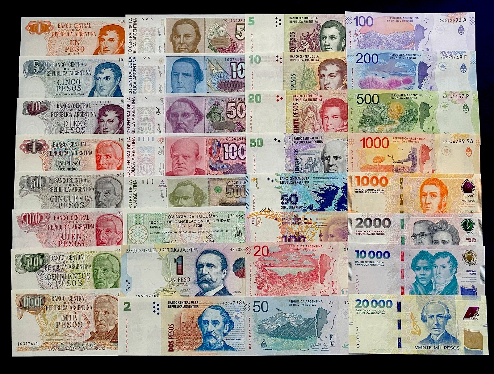 ARGENTINA 32 PCS ( FROM 1 PESO TO 20,000 PESOS) 50 YEARS OF MONETARY HISTORY UNC