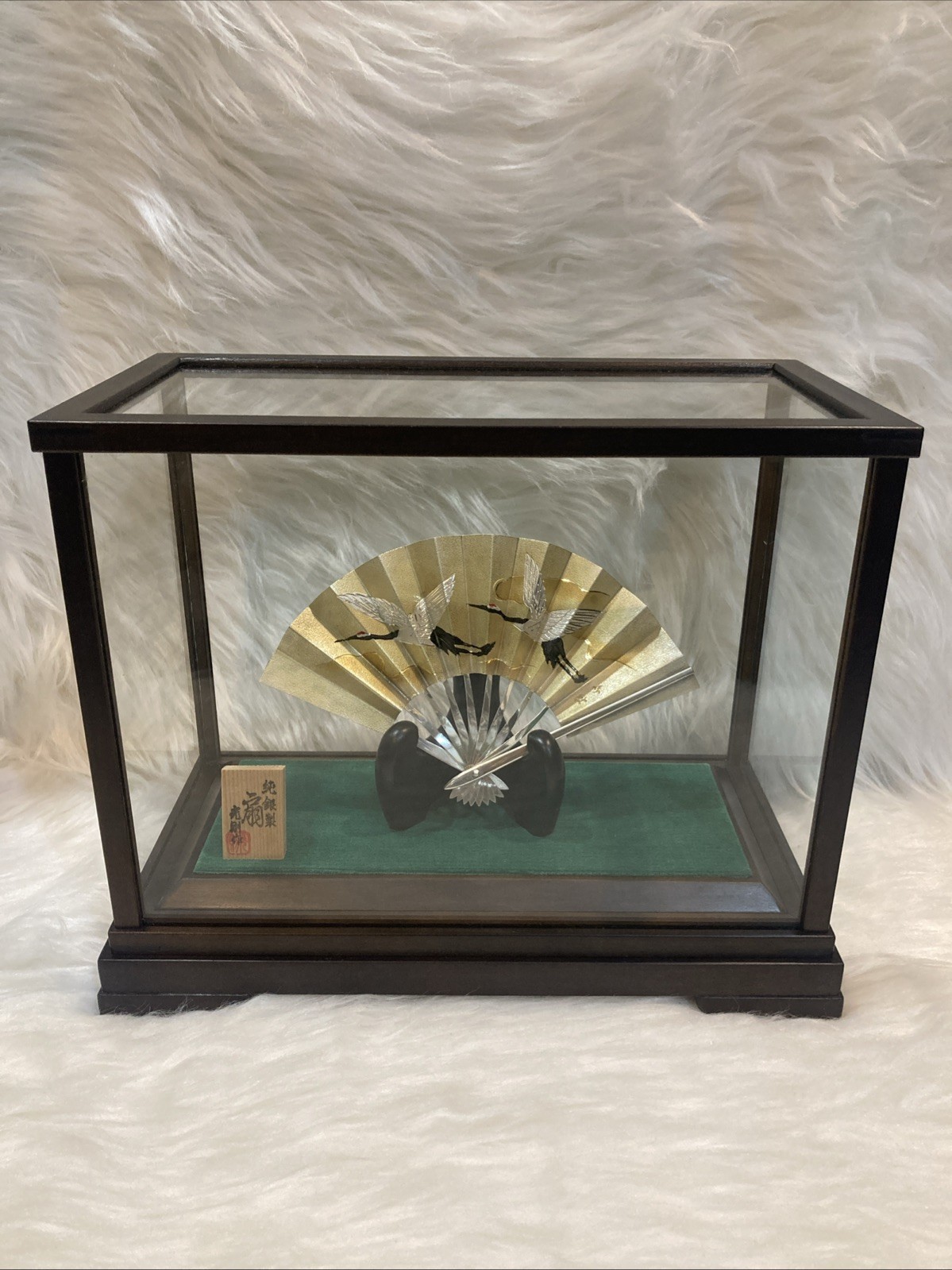 Mitsunori Pure Silver Fan Ornament Crane Pair Japanese Art Display w/ Case 39g
