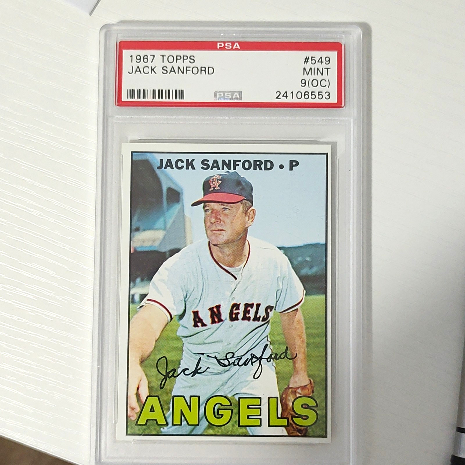 Topps 1967 High # Jack Sanford Autographed #549 California Angels PSA 9 (OC)