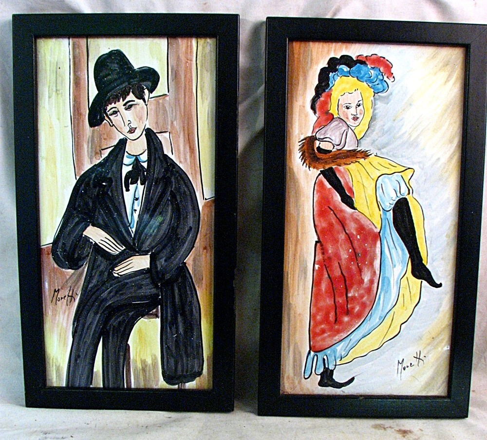 MCM ART TILES MODIGLIANI & TOULOUSE LAUTREC FRAMED c.1950 SIGNED MORETT