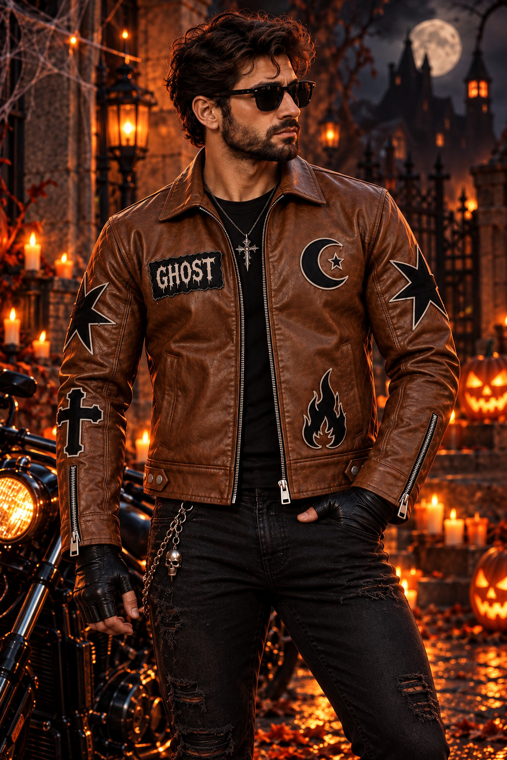 Men’s Brown Genuine Leather Halloween Jacket Gothic Patch Party Costume