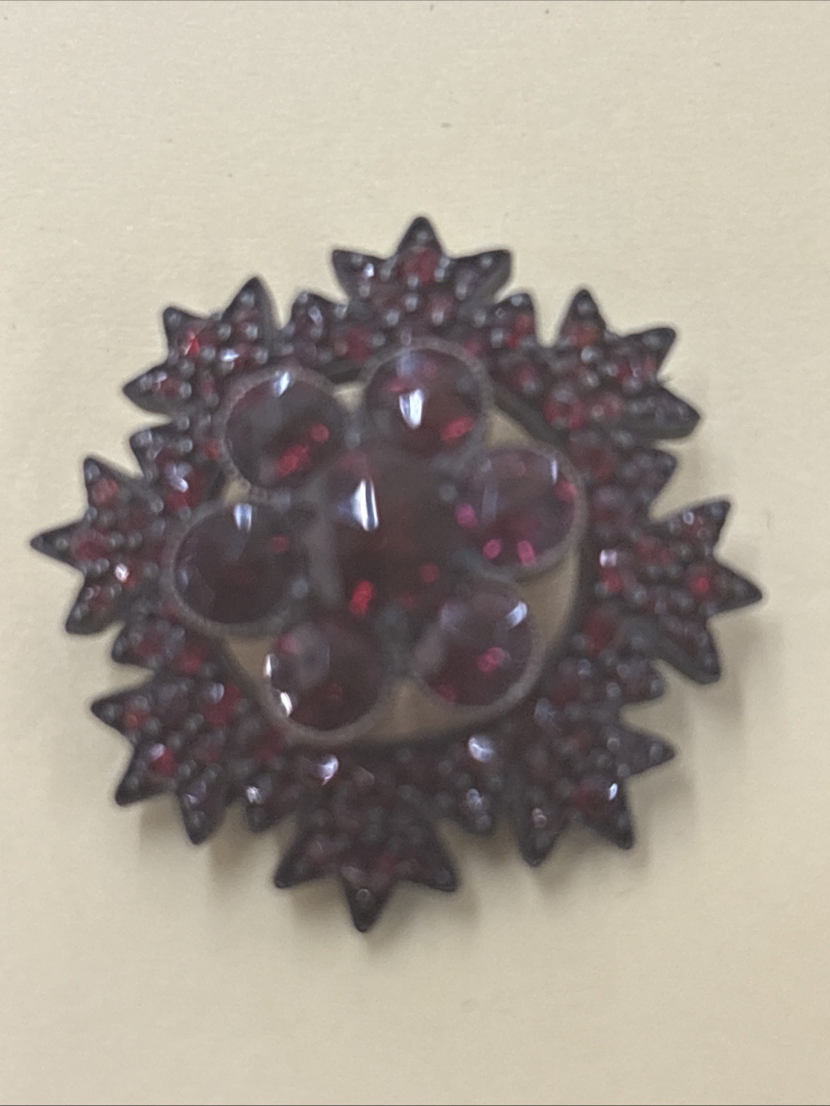 Antique Victorian Bohemian Garnet Brooch Rose Cut Garnet Gold Starburst 1890s