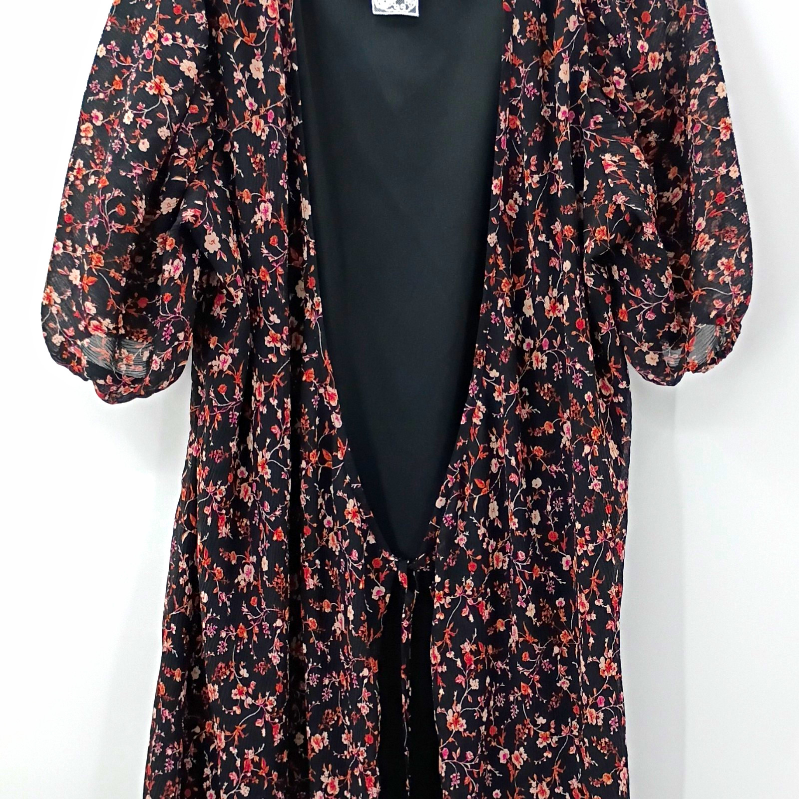 Sadie & Sage Womens L Black Floral Chiffon Wrap Dress Puff Sleeve Tie WaistLined