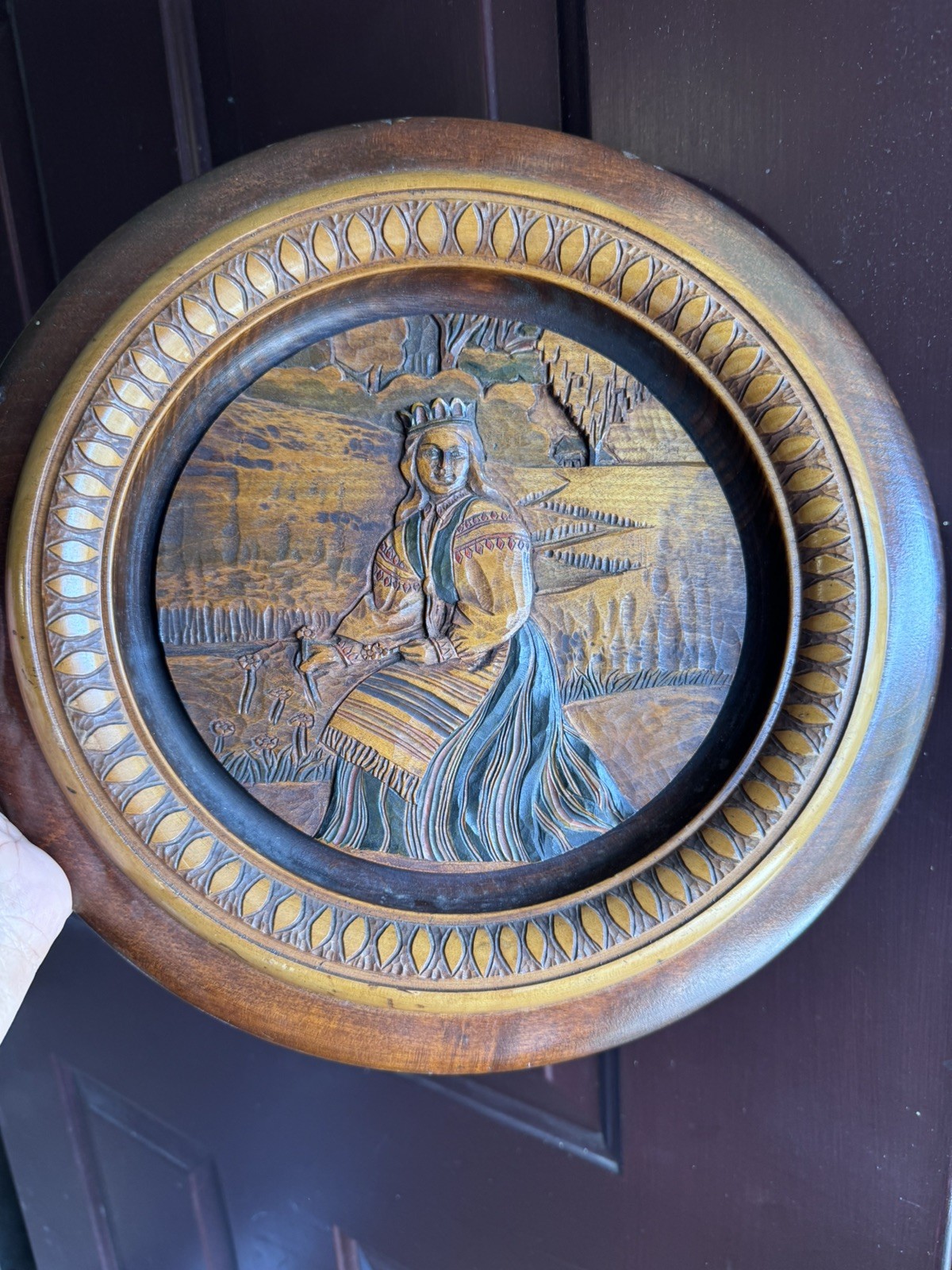 VTG 1949 Lithuanian DP Camp Wood Carving Plaque Sign: P. Vėbra Augsburg-Hochfeld