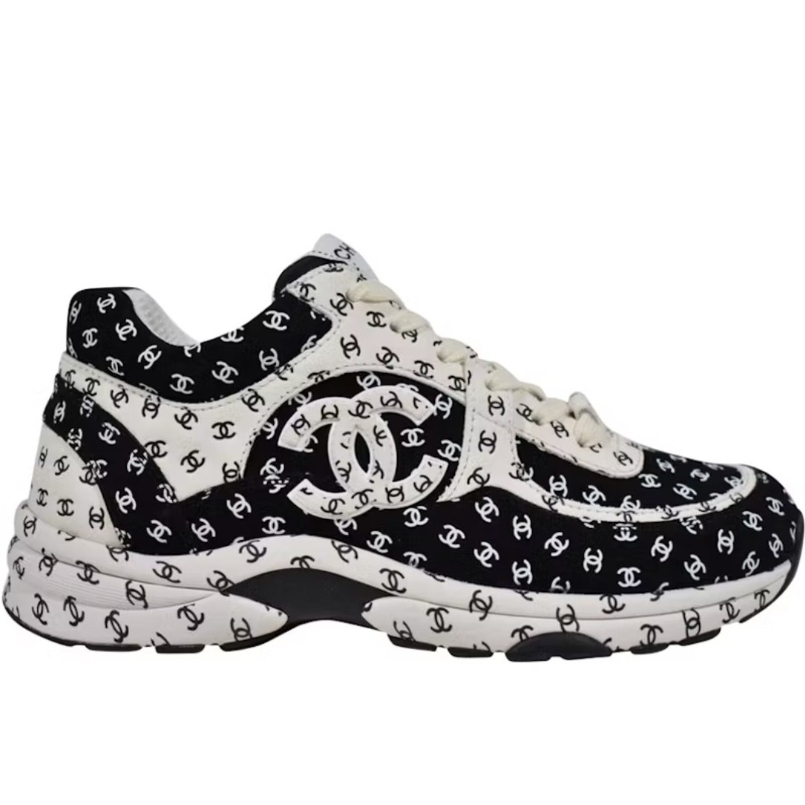 Chanel 22A womens Black White Suede All Over CC Logo Low Top Trainer Sneakers 39