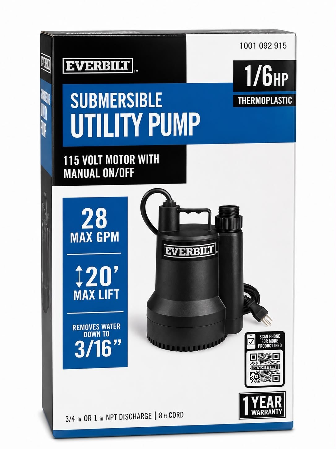 Everbilt 1/6 HP Submersible Utility Pump