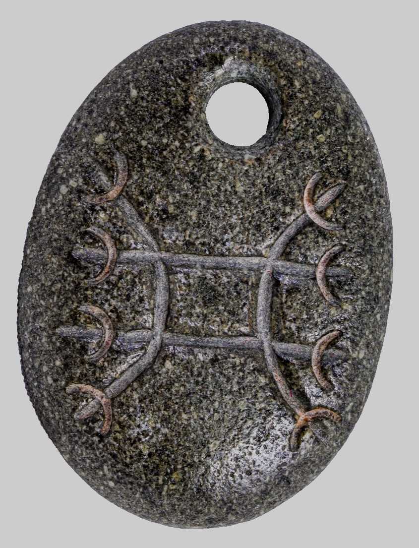 Ancient Celtic Carved Geometric Grid Crescent Horns Stone Pendant Amulet COA