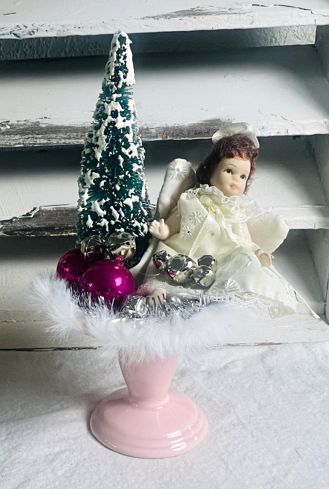 Christmas Vintage Assemblage Angel Figurine w/ Mini Bottle Brush Tree Christmas Vintage Assemblage Angel Figurine w/ Mini Bottle Brush Tree
