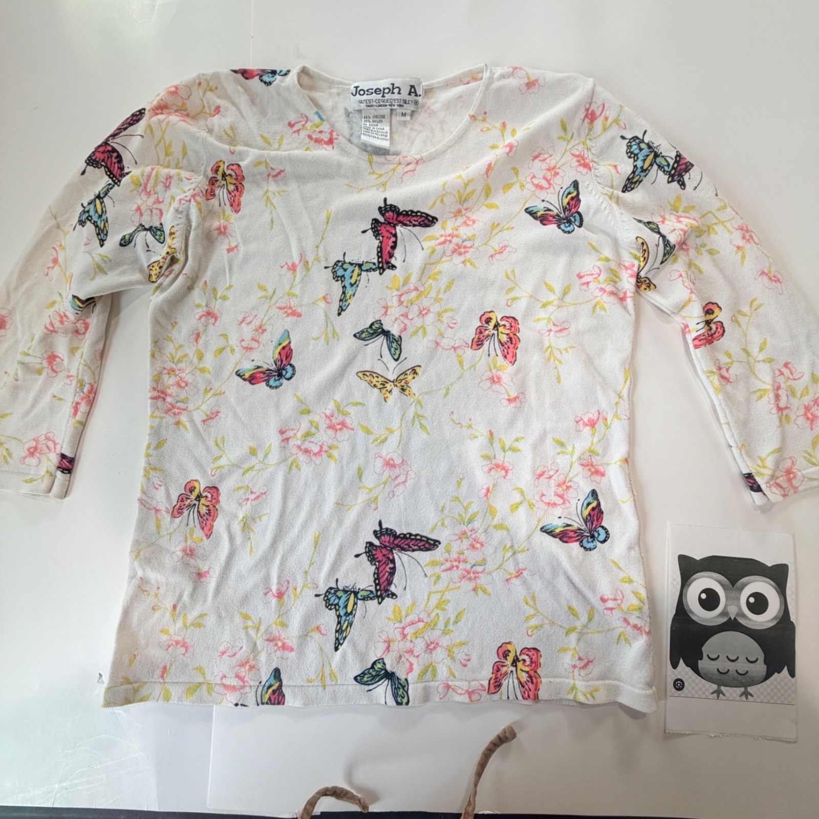 Joseph A Butterfly Floral Knit Top Women M Stretch Fairy Cottage Twee Woodland