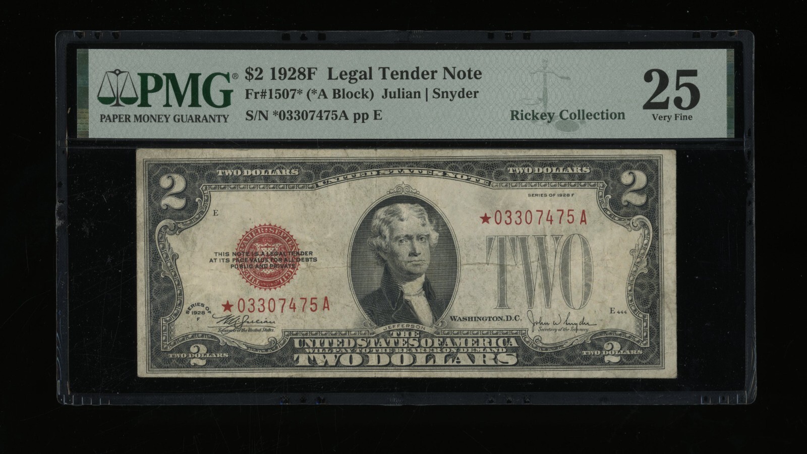 DBR 1928-F $2 Legal STAR Fr. 1507* PMG 25 Serial *03307475A