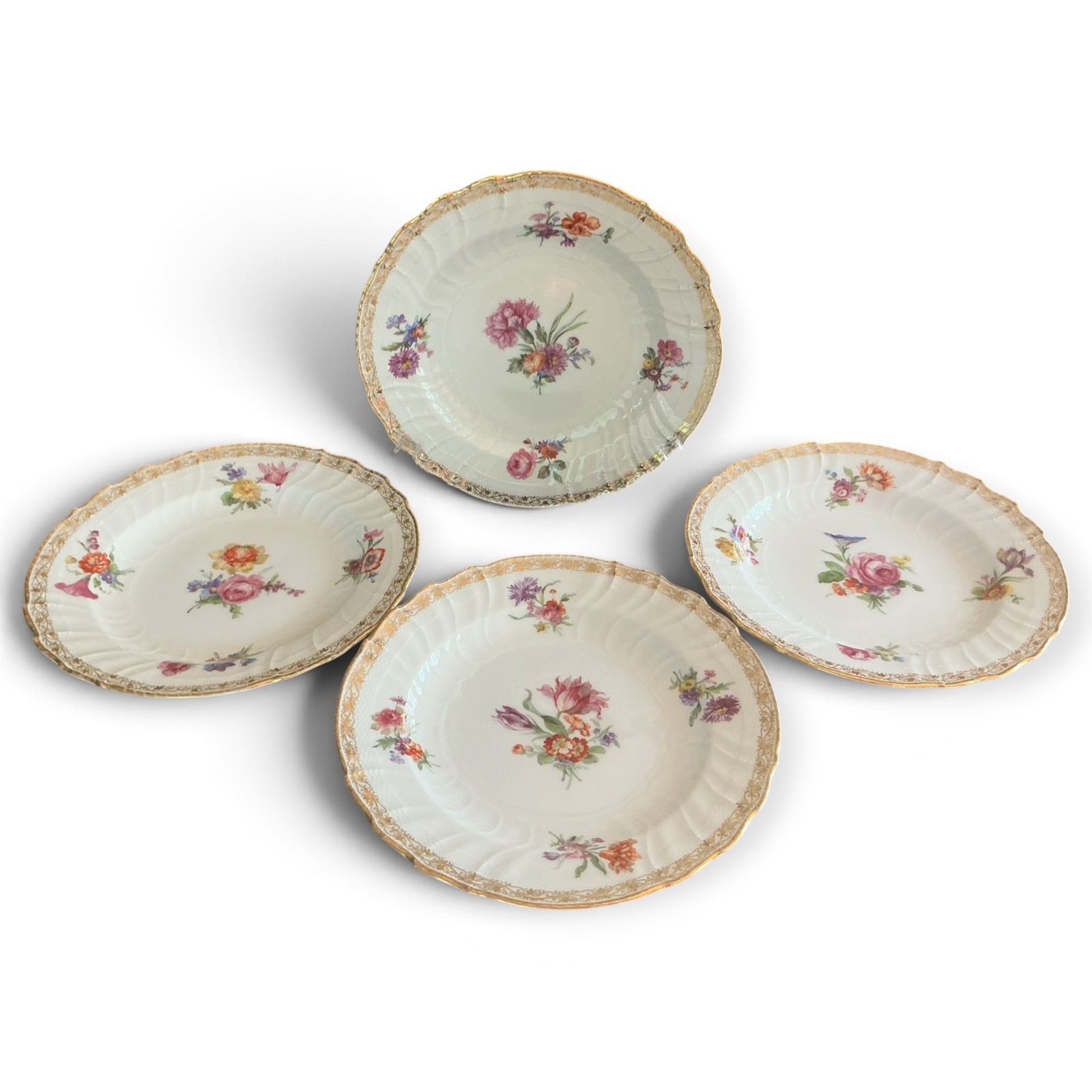 Antique KPM Dinner Plates Neuosier Scepter Mark Floral Gold Set of 4 (2) Antique KPM Dinner Plates Neuosier Scepter Mark Floral Gold Set of 4 (2)