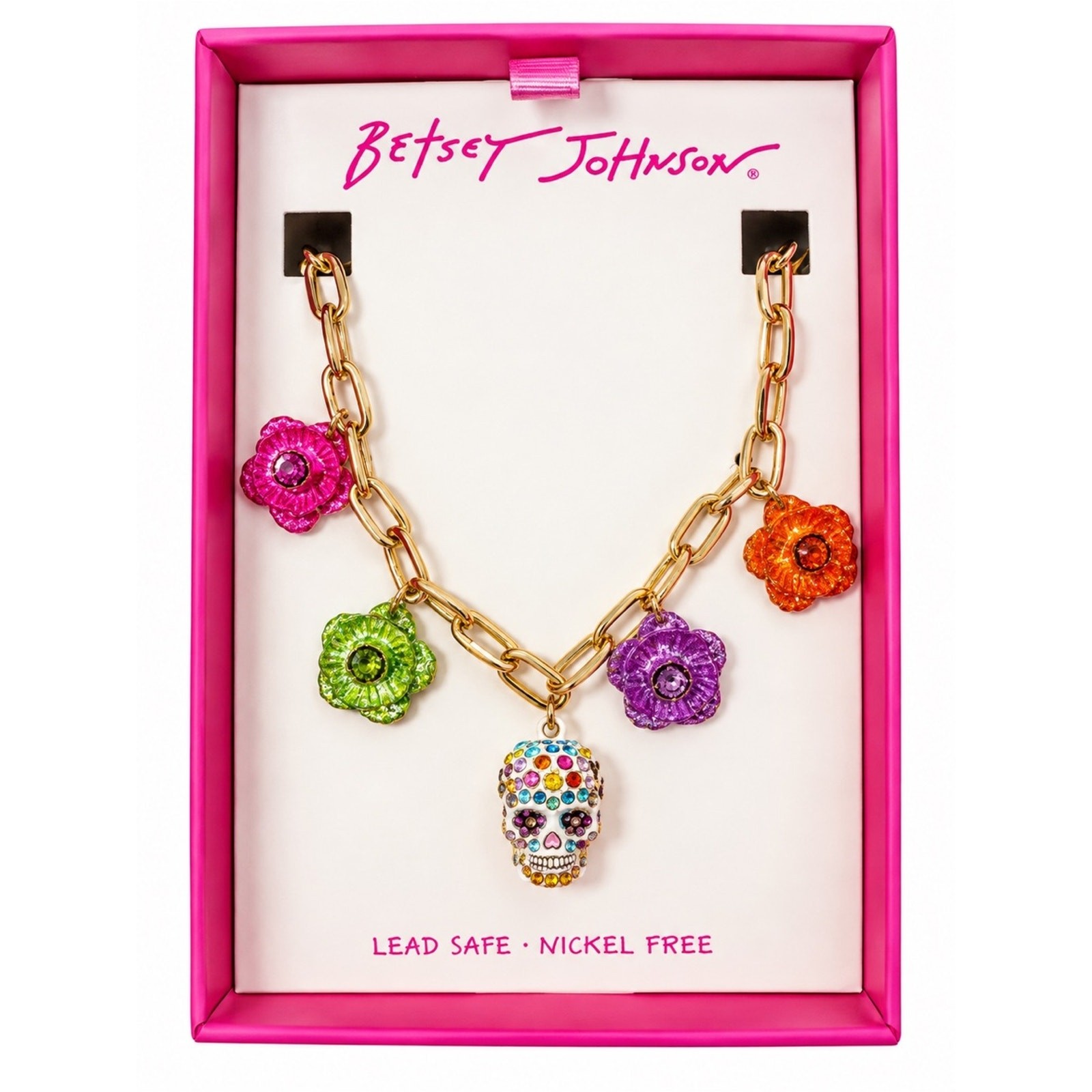 Betsey Johnson Sugar Skull Multicolor Flower Charm Necklace NIB