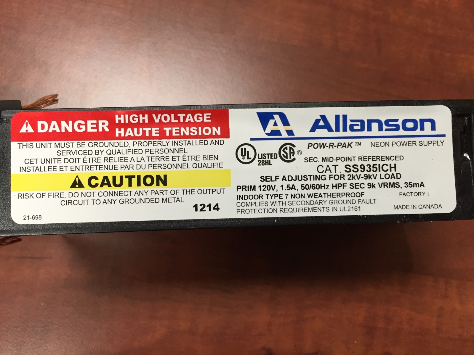 Allanson SS935ICH Self Adjusting 2K-9KV, 35mA Electronic Neon Sign Transformer