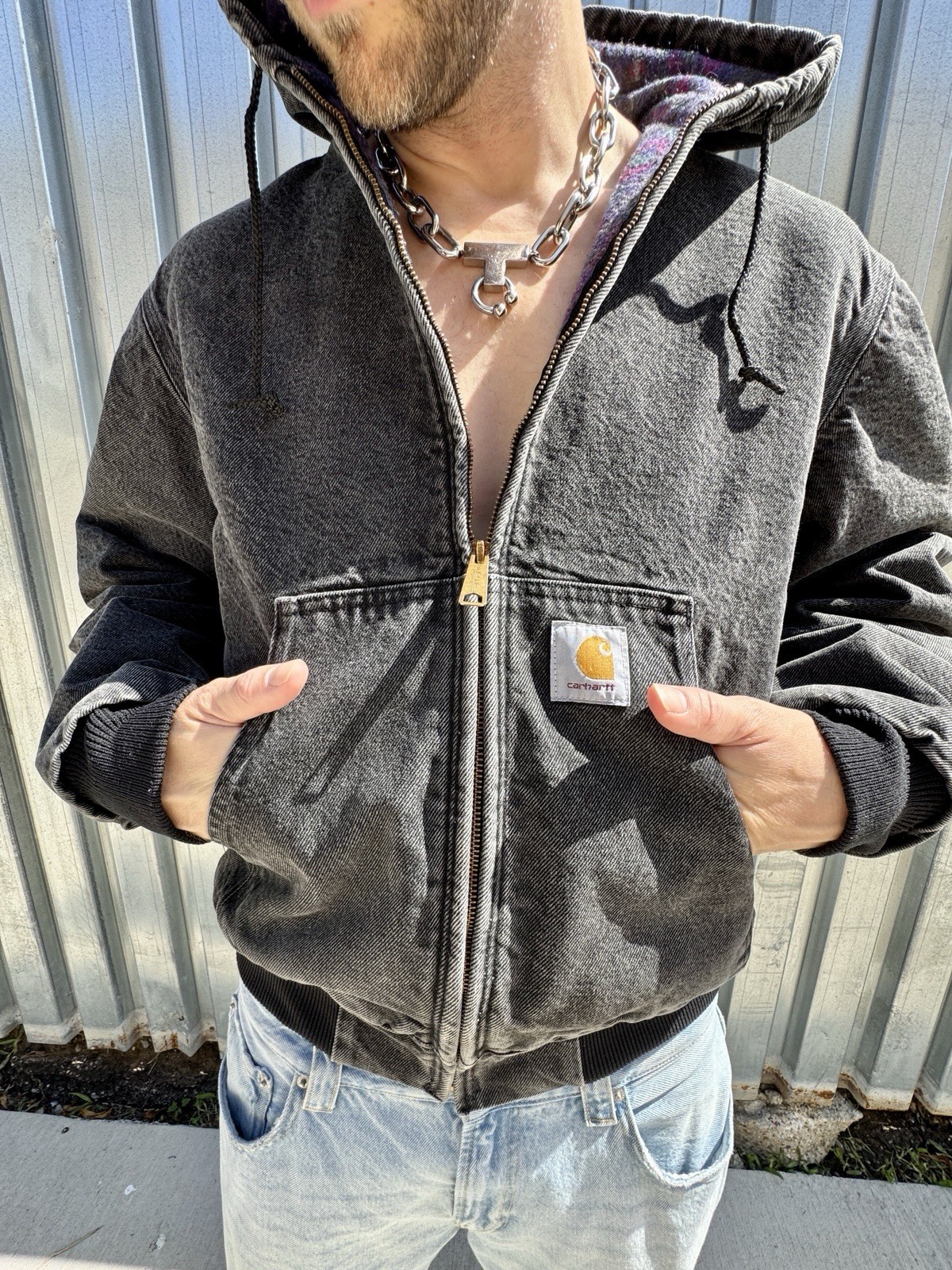 Carhartt JB6865 Hooded Active Jacket M Black Aztec Fleece Lined Vintage 90s USA 