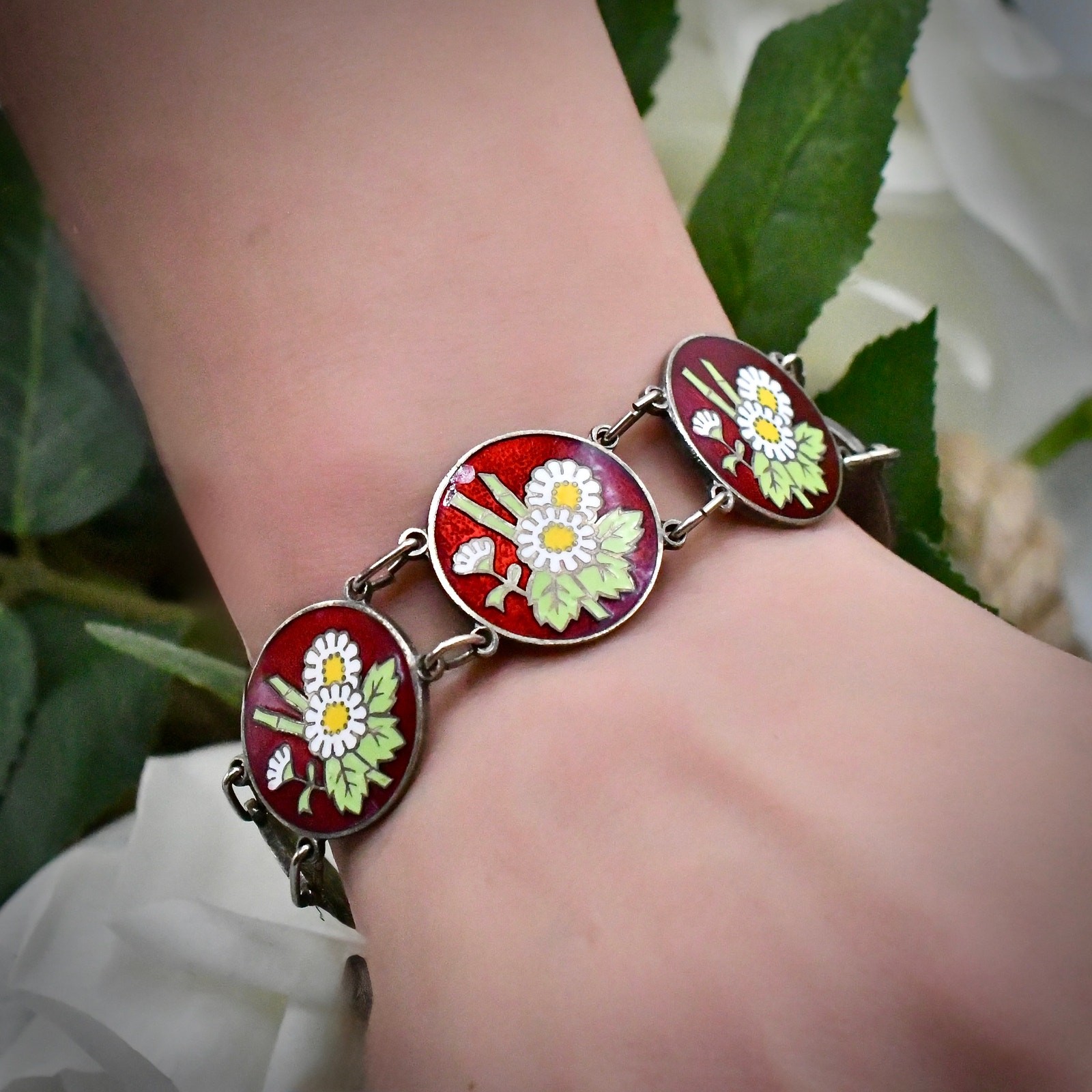 Japanese Cloisonné Enamel Bracelet Sterling Silver Inaba Kyoto Boxed Vintage