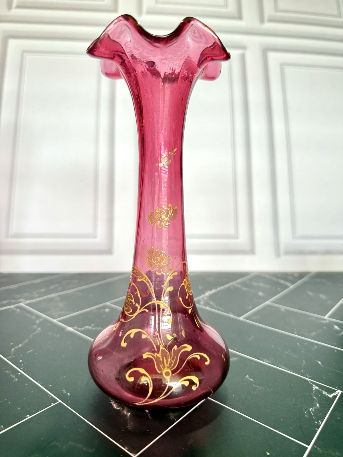 Antique Moser Style Cranberry Glass Vase Bohemian Gold Gilt Floral Ruffled Rim