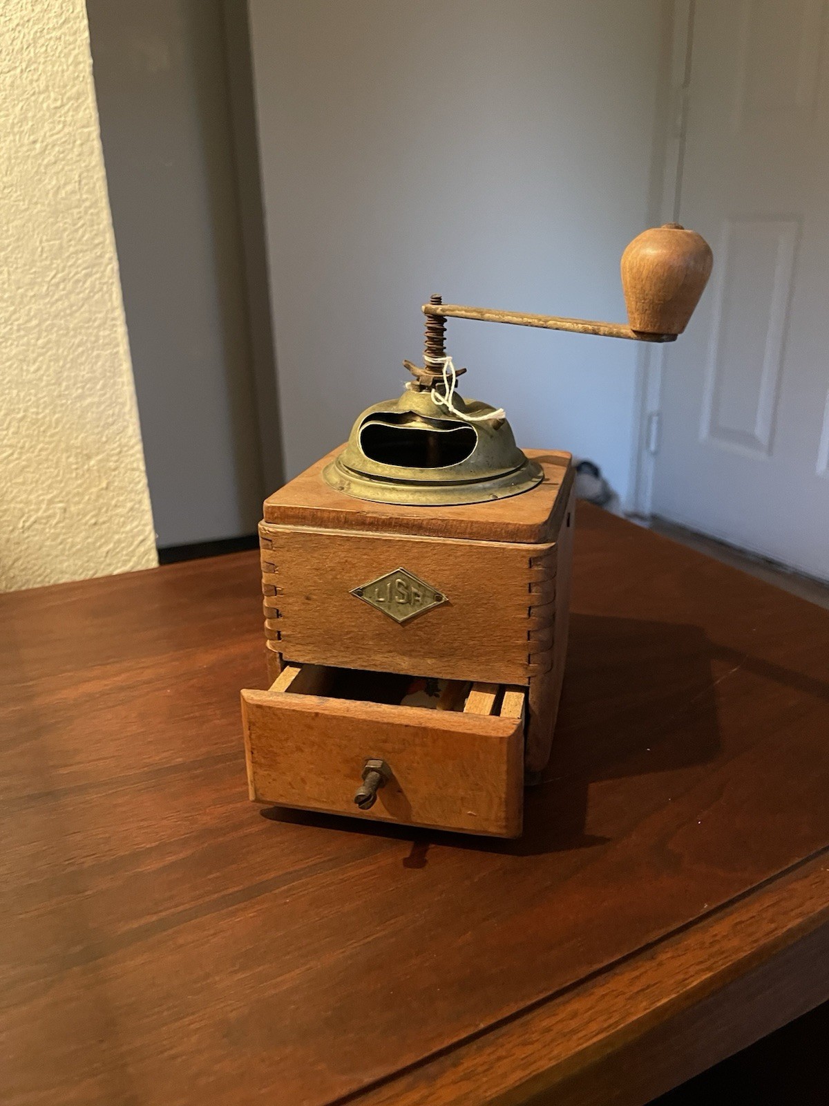Antique 1910 French Coffee Grinder. E G LeParfait Wood & Metal Works Great