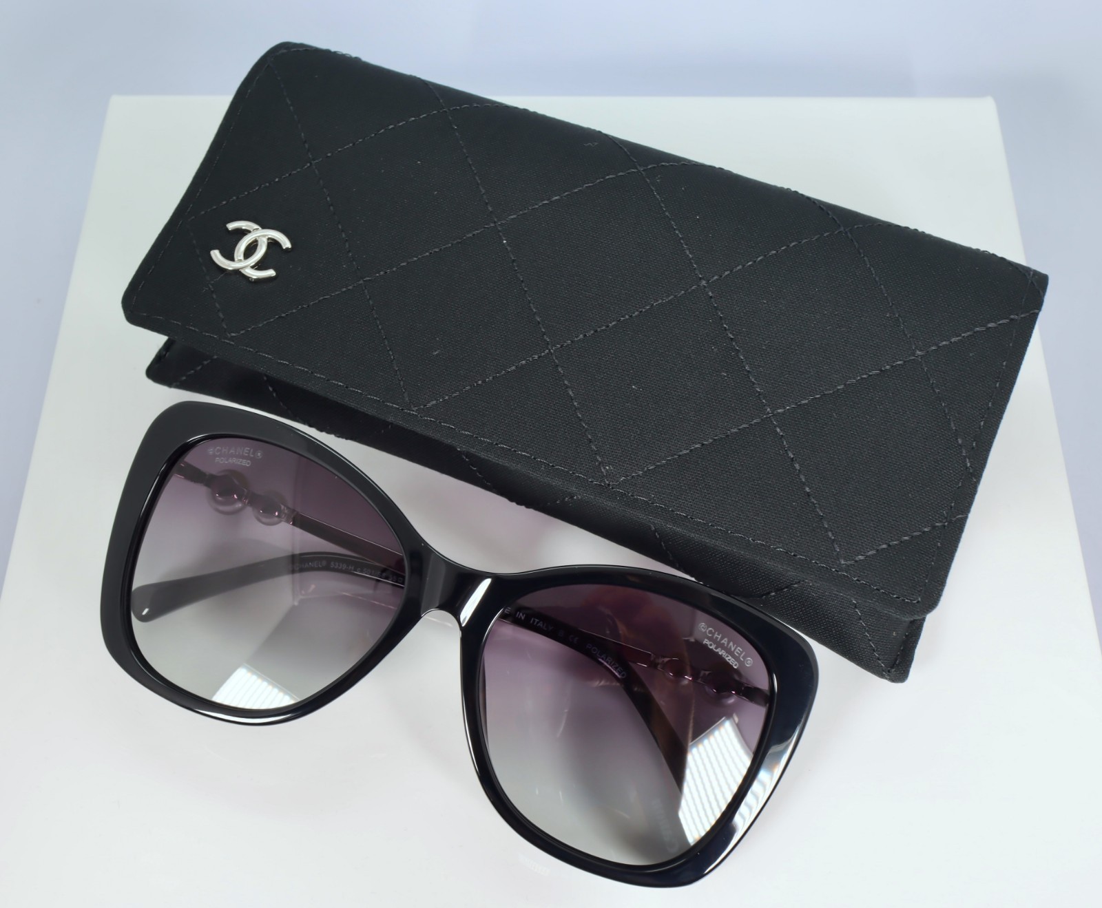 Chanel CH5339H 55mm Square Sunglasses in Black and Silver w. Polarized Gray Lens