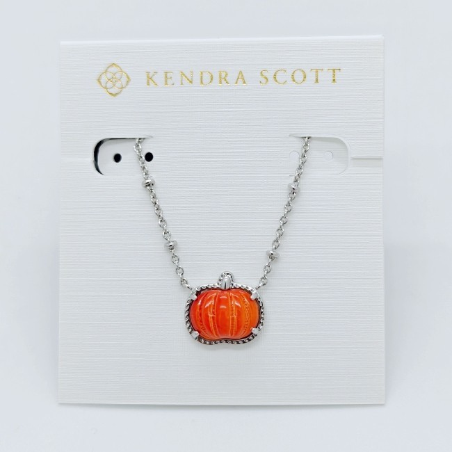 New Kendra Scott Pumpkin Silver Plated Short Pendant Necklace In Orange Shell