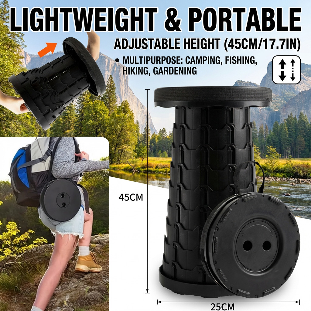 2PCS Collapsible Stool Black Portable Camping Chair 400LBS Load Bearing Outdoor