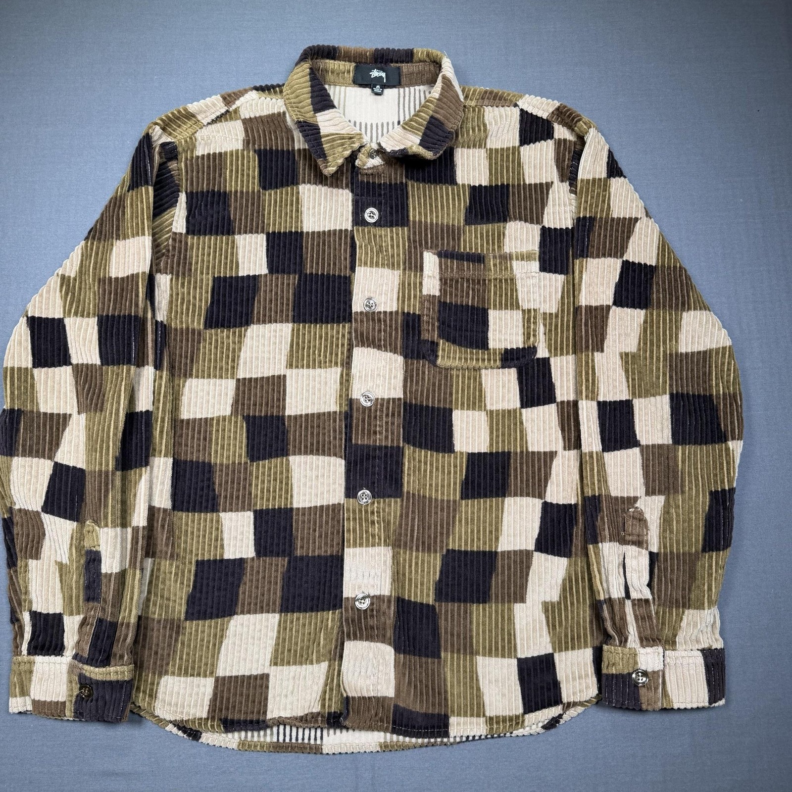 Stussy Shirt Mens Medium Brown Check Corduroy Long Sleeve Button Up Cotton