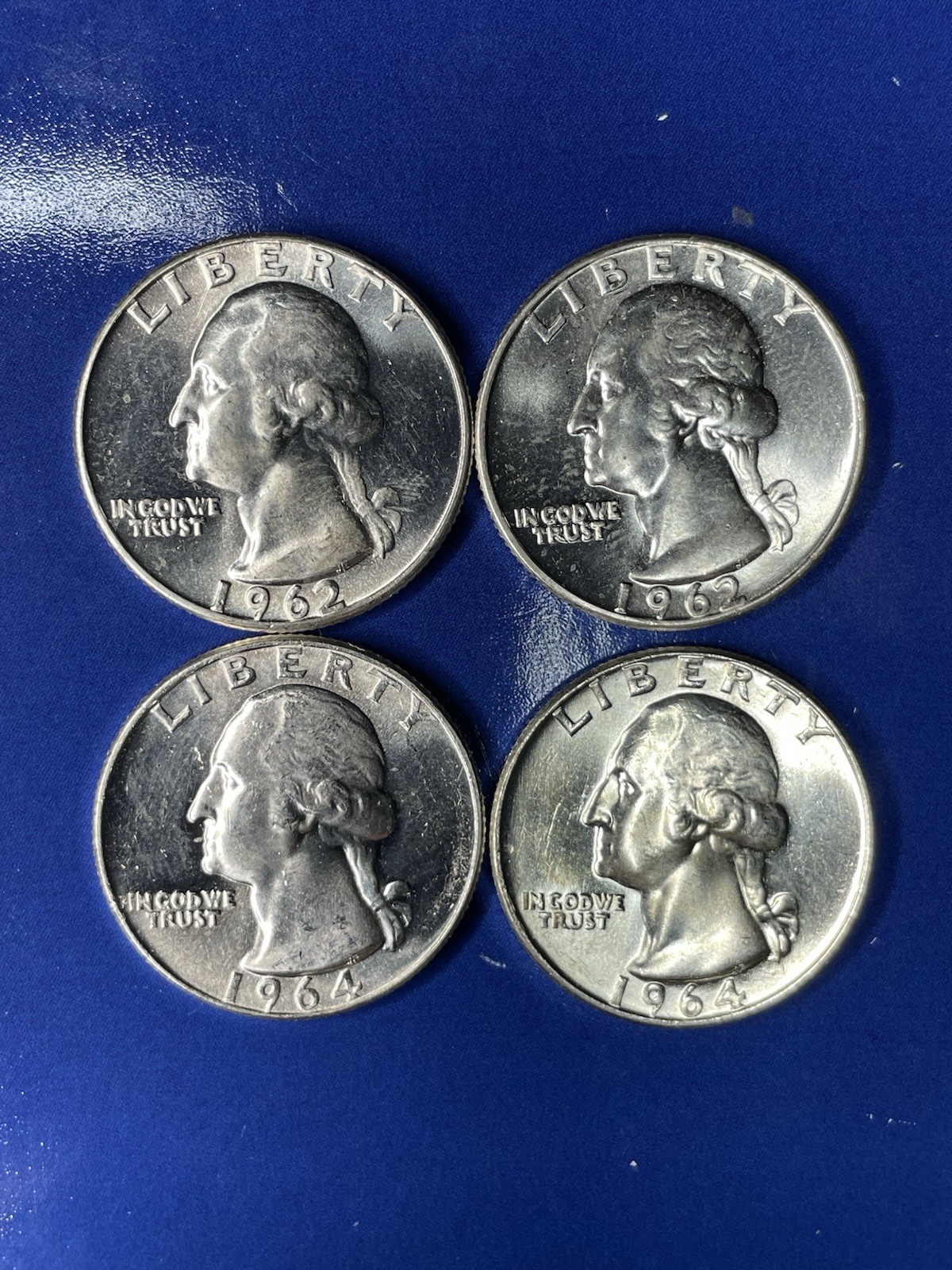 Lot of 4- 90% Silver Washington Quarters 2x-1962P & 2x-1964P In AU+ Condition