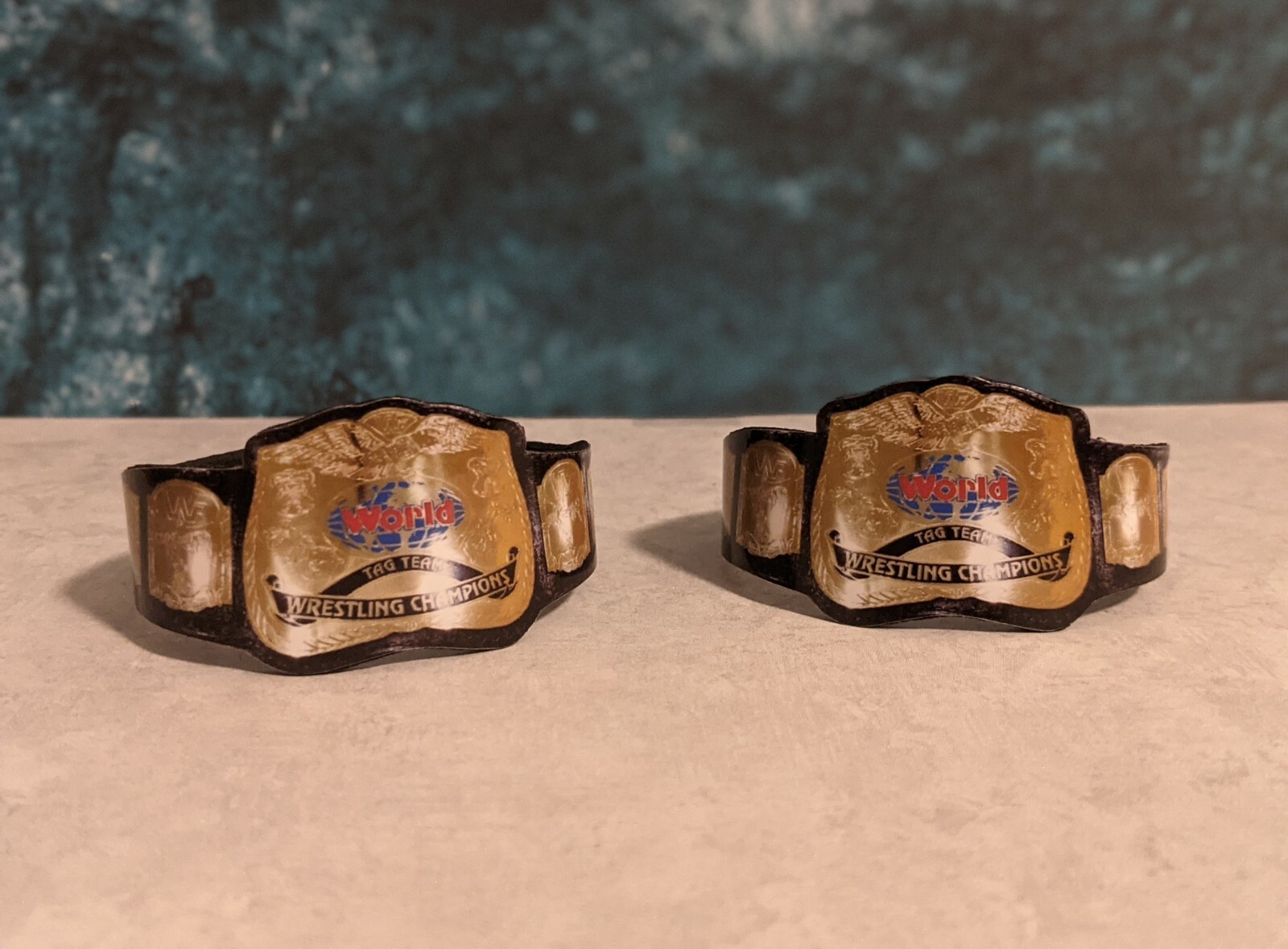 2 Custom Tag Team Belts WWE WWF LJN Big Rubber Guys action figures not included 2 Custom Tag Team Belts WWE WWF LJN Big Rubber Guys action figures not included