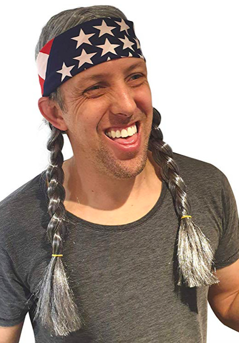 Willie Nelson Wig with USA Bandana Grey Official Country Party Costume