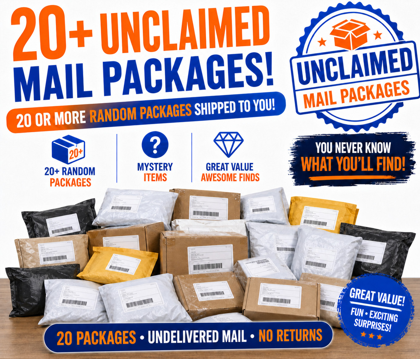 Unclaimed Mail Mystery Box - 20 Undelivered Package - No Return Mail