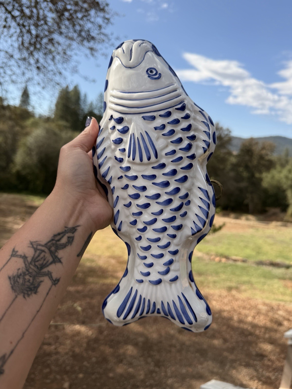 Vintage Bassano Italy Ceramic Fish Mold Wall Hanging White & Blue