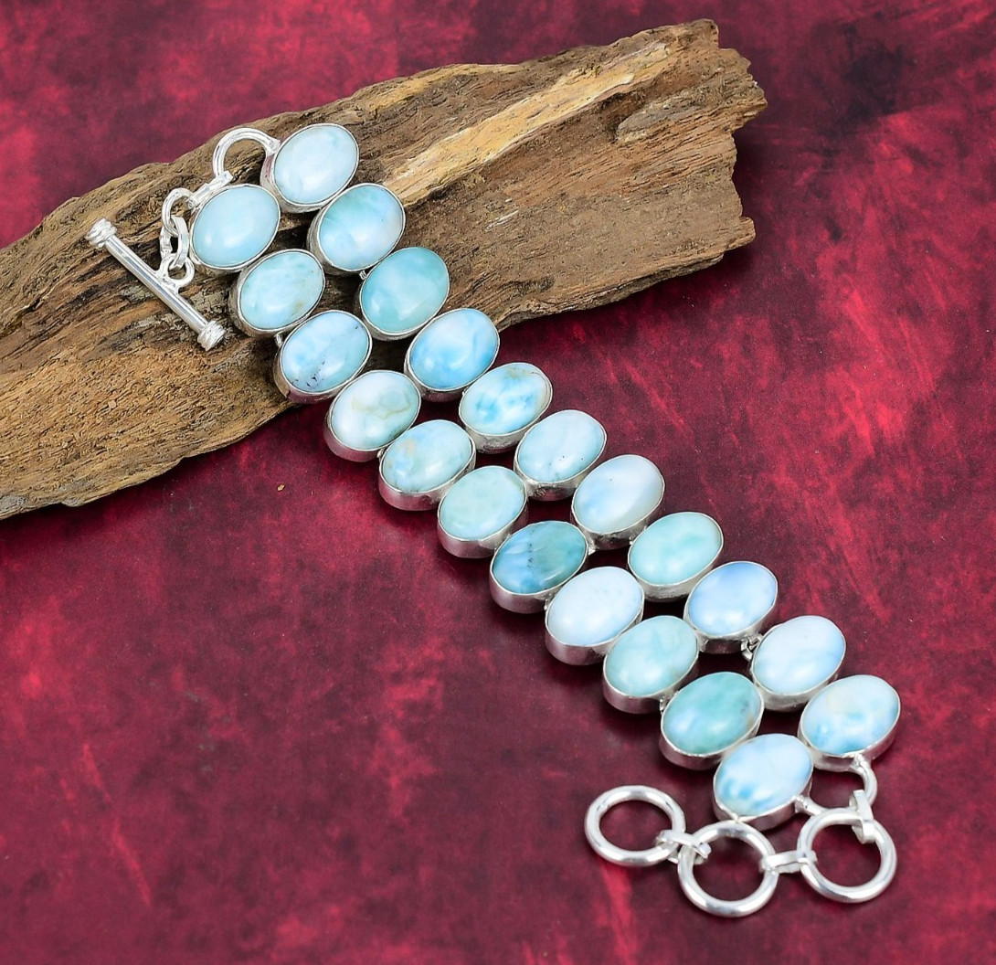 Natural Larimar Gemstone 925 Sterling Silver Handmade Jewelry Bracelet Love Gift Natural Larimar Gemstone 925 Sterling Silver Handmade Jewelry Bracelet Love Gift