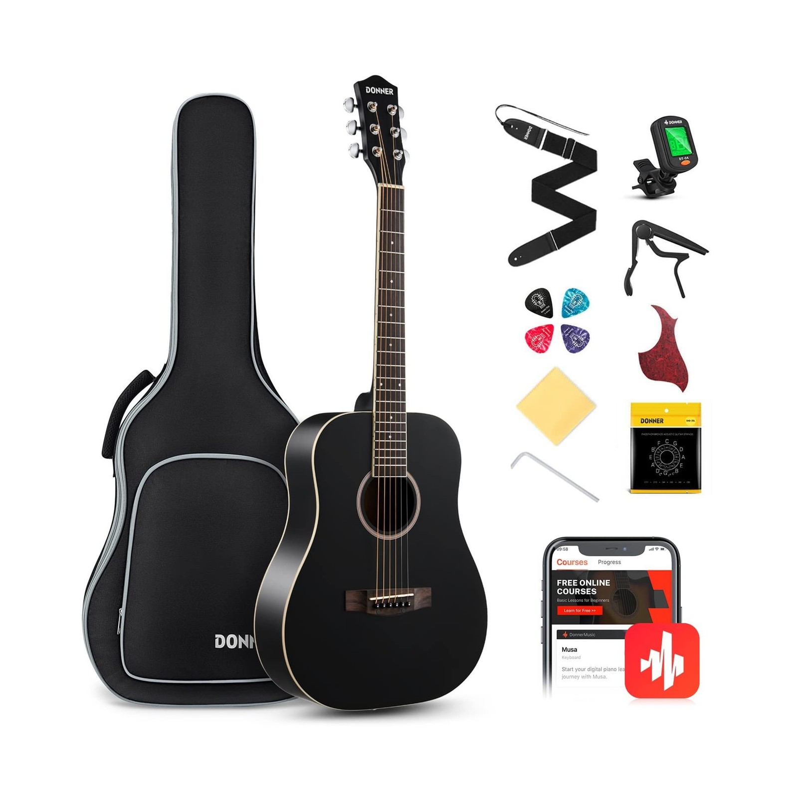Donner Acoustic Guitar for Beginner Adult 36\'\' Dreadnought 3/4 Size Black Gui...