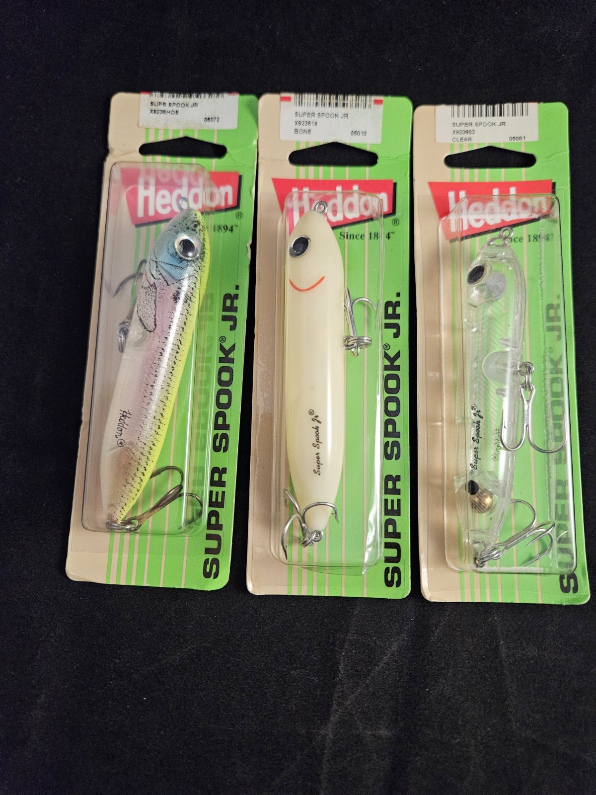 3 Heddon Super Spook Jr. 3.5in Topwater Lures. Okie Shad, Bone, Clear NOS
