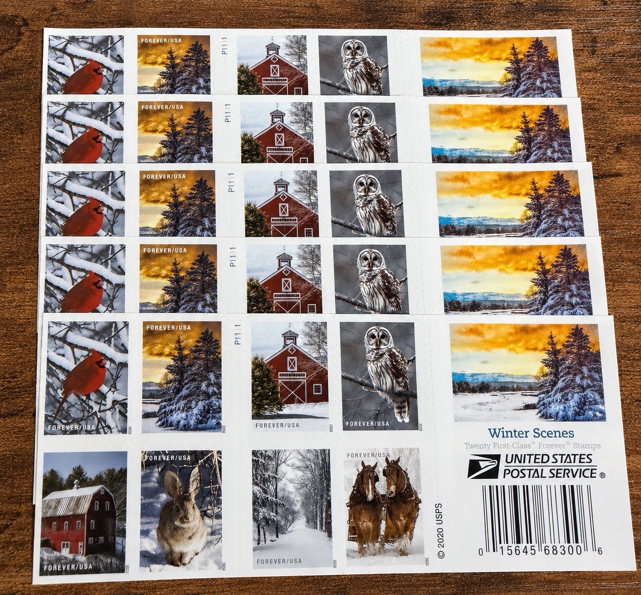Genuine USPS Forever Stamps – Winter Scenes – 5 Sheets of 20 – 100 Stamps