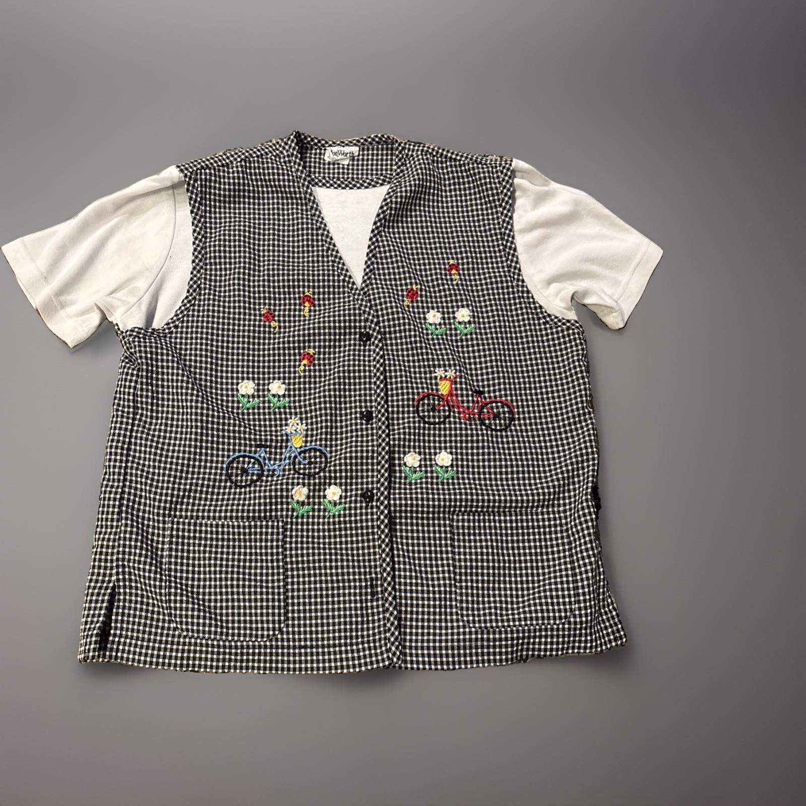 Vintage Bon Worth 2 in 1 Shirt Vest M-L Black White Gingham Embroidered Bicycle Vintage Bon Worth 2 in 1 Shirt Vest M-L Black White Gingham Embroidered Bicycle