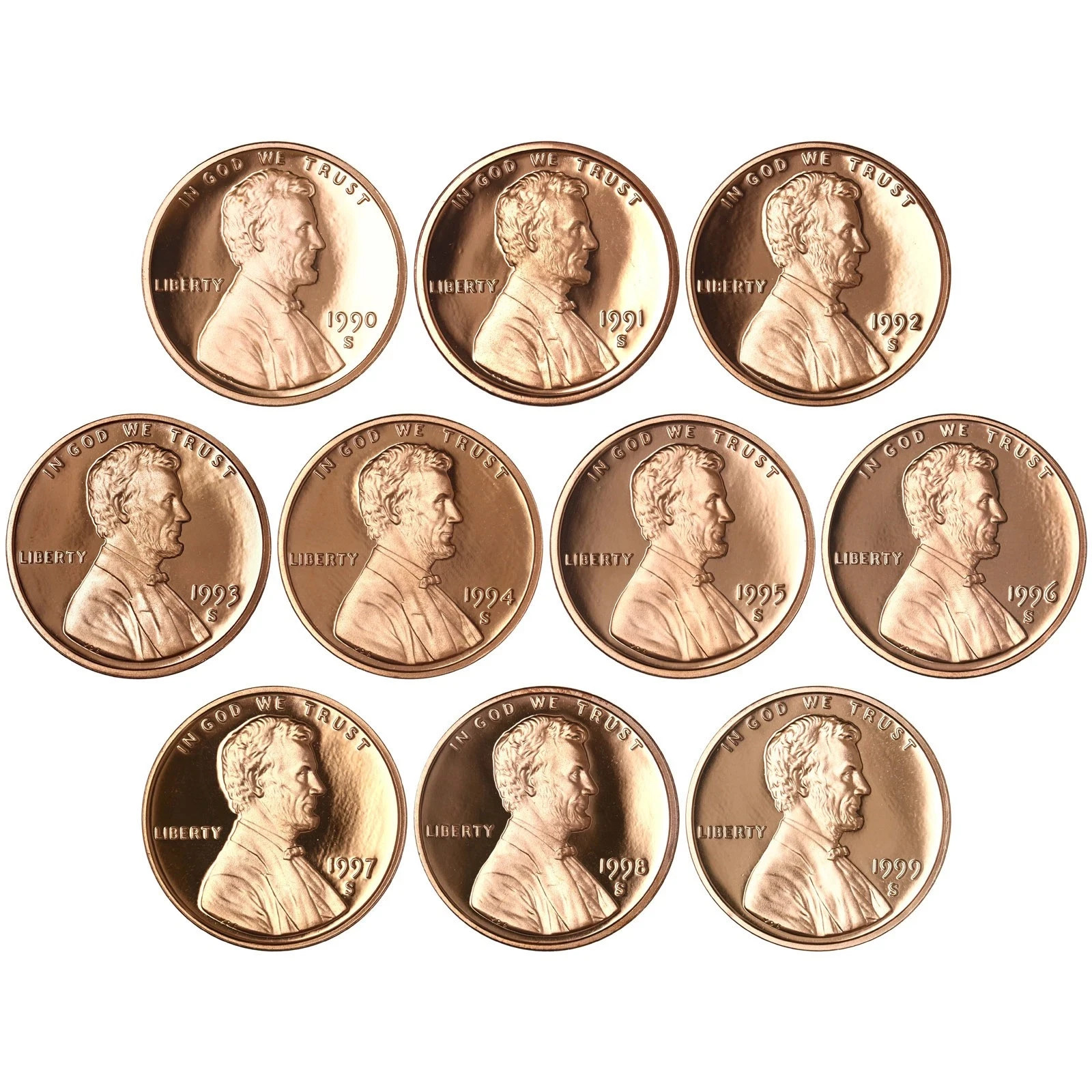 1990-1999 S Lincoln Memorial Cent Gem Proof Run 10 Coin Set US Mint 1990-1999 S Lincoln Memorial Cent Gem Proof Run 10 Coin Set US Mint