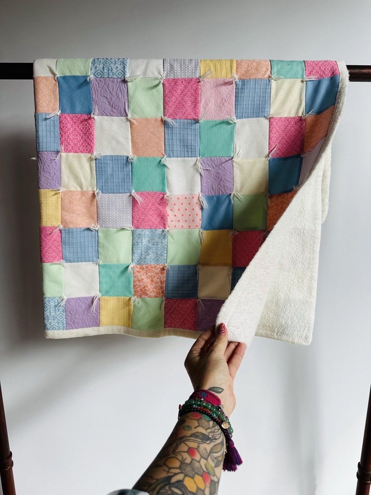 Vintage Handmade Rag Quilt 50x38 Patchwork Pastel Squares Chenille Throw Blanket