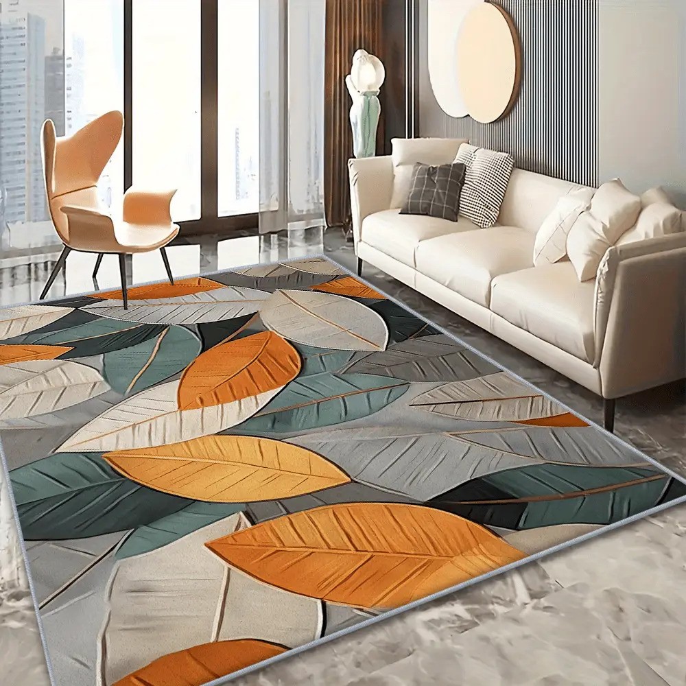 Velvet Modern Geometric Leaf Pattern Area Rug - Ultra-Soft Non-Slip Machine Wa