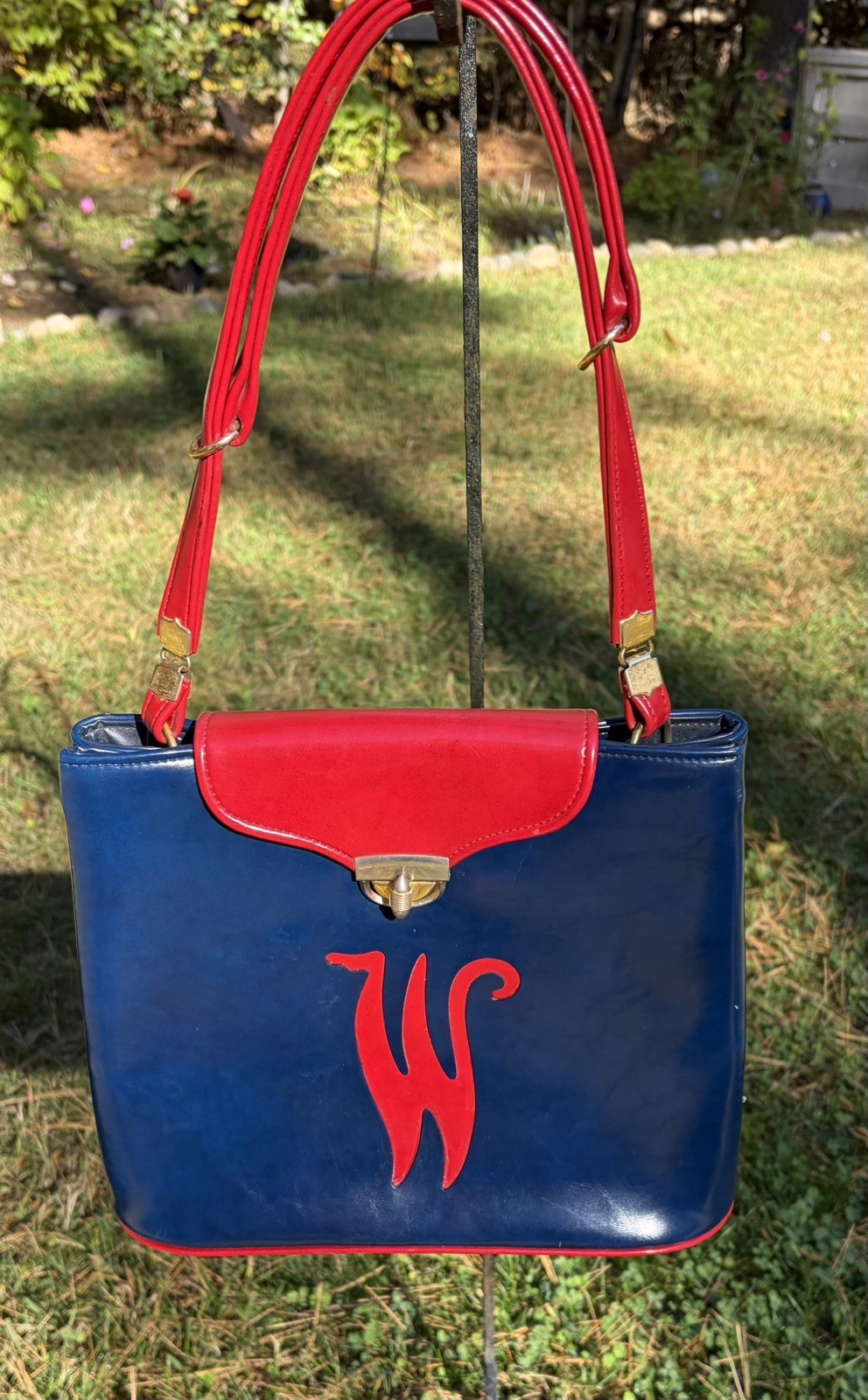 1950s/60s A Naturalizer “W” Handbag Vintage Patent Blue Red Gold Rockabilly EUC