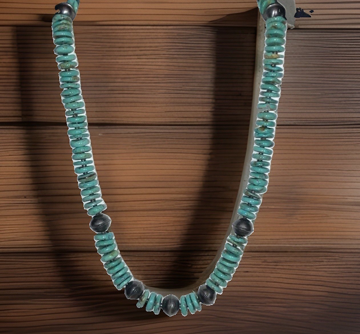 K. Tom Navajo Kingman Turquoise 10mm Discs & Hand Bench Beads Sterling 925 22”