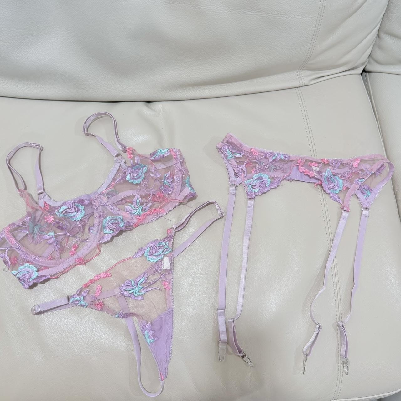 NWT SheIn Embroidered Lingerie Set Sheer Mesh Bra & Thong Purple - Small NWT SheIn Embroidered Lingerie Set Sheer Mesh Bra & Thong Purple - Small