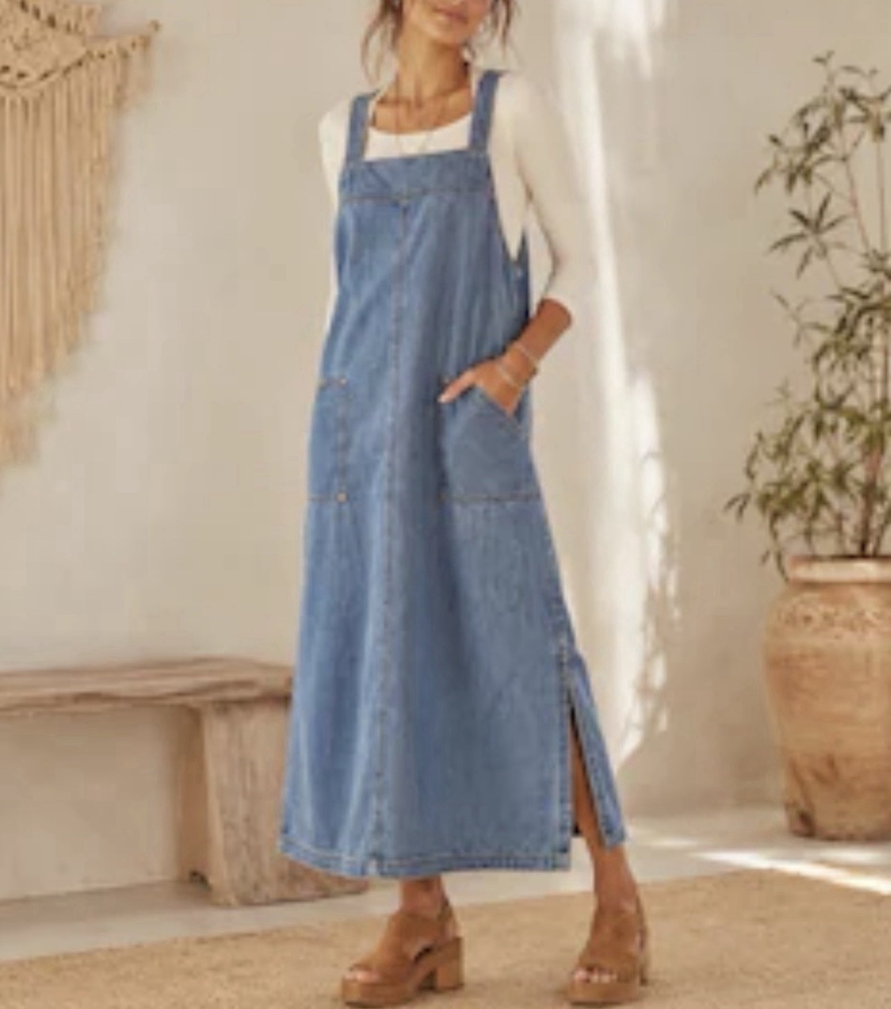 Vintage Studio Denim Jumper Dress S 90s Y2K Boho Pinafore Midi Maxi Pockets