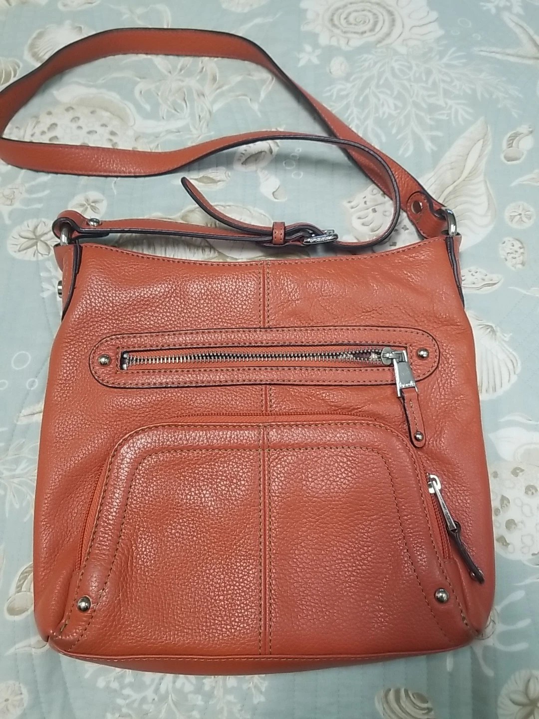  Tignanello Crossbody Bag Genuine Leather Purse Shoulder Orange Zips Organizer 