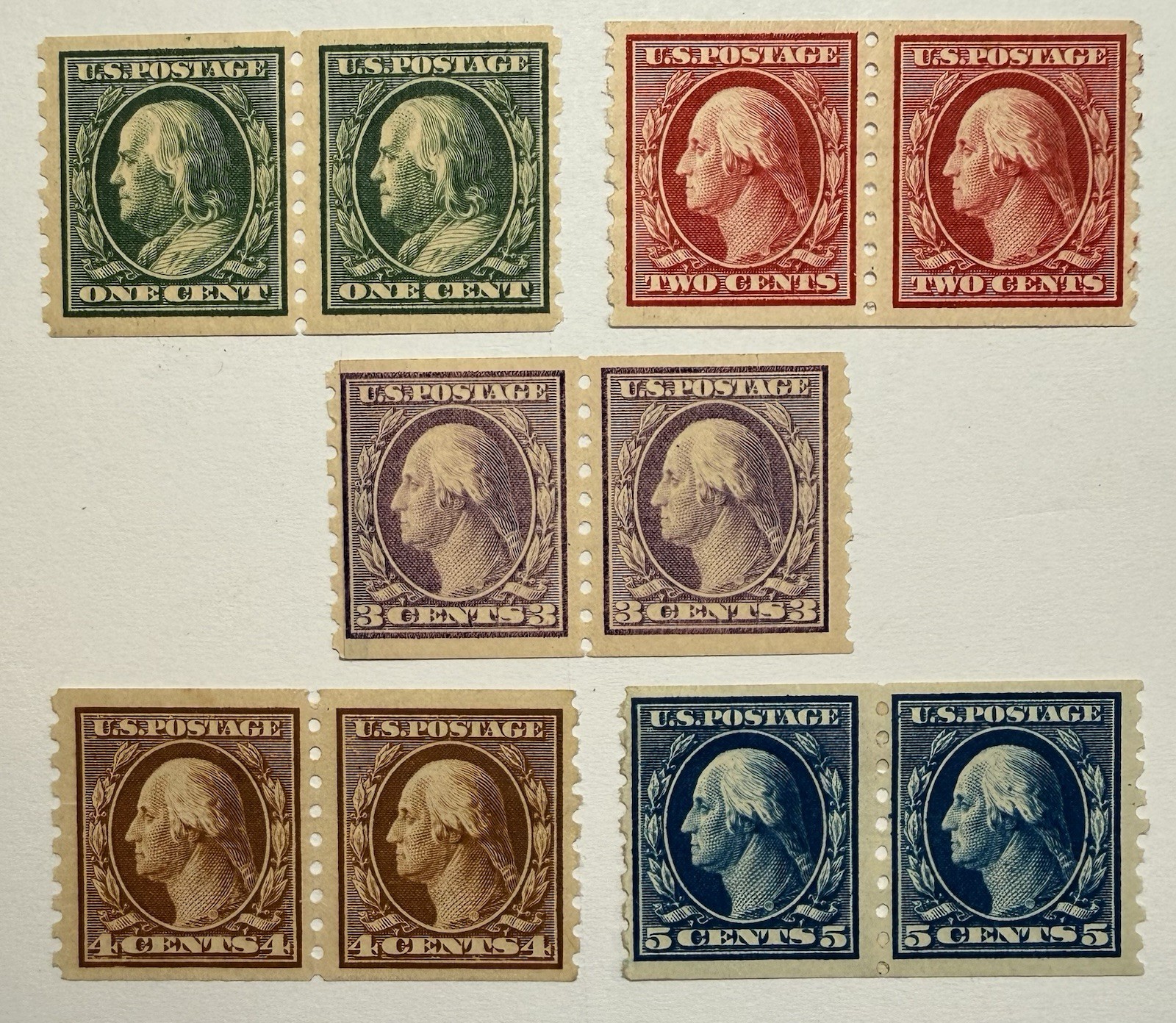 US #392-396 1910-13 1c-5c Wash. Perf 8.5 horiz. coil pairs MLH/VF; $670 SCV