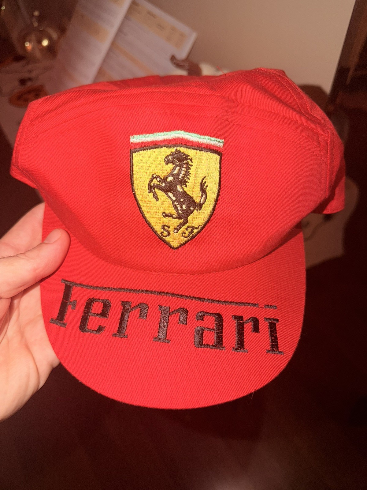 Vintage Rare Ferrari Hat 5 Panel Cap Painter Style Red Logo Embroidered